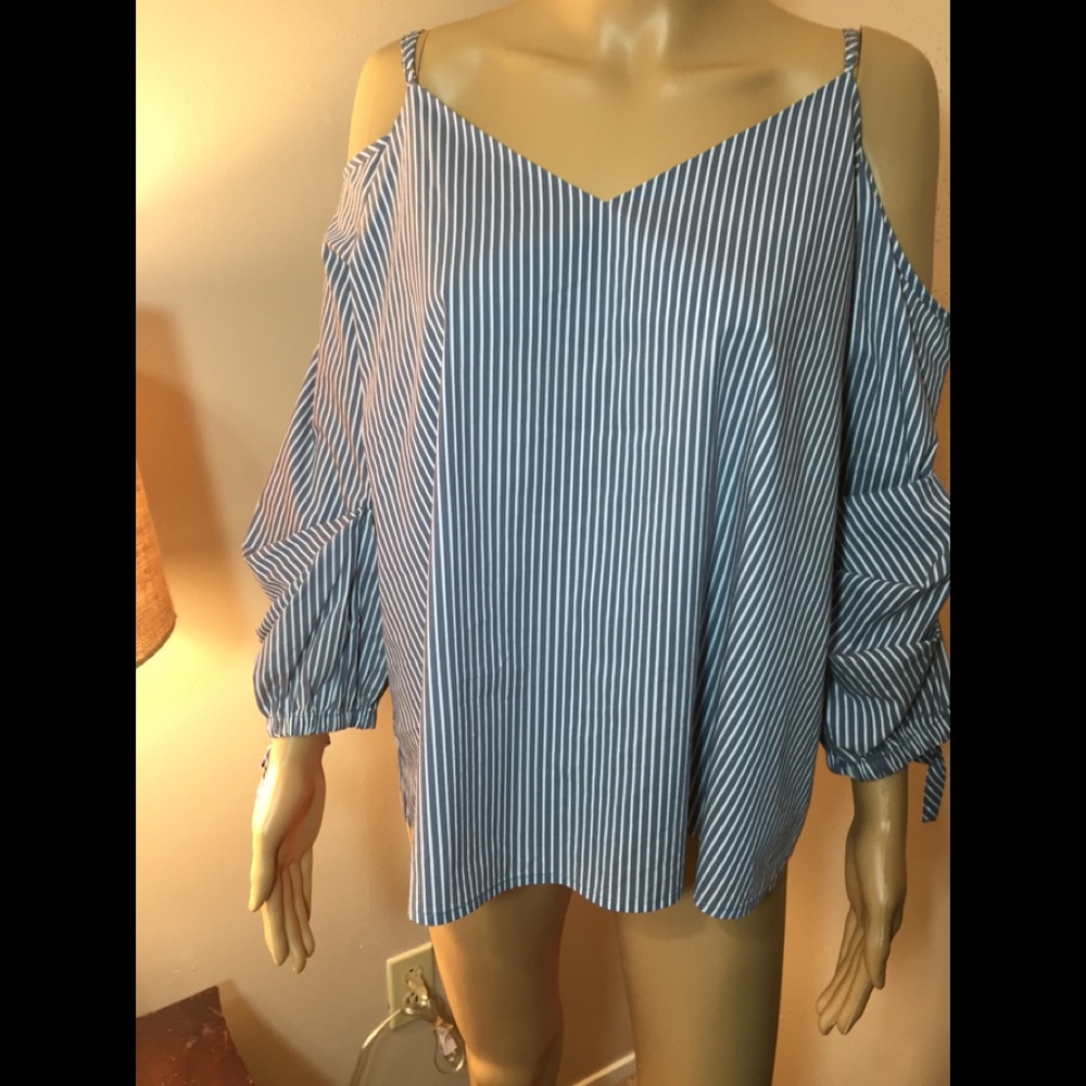 Belle Sky gray/Blue Striped Off Shoulder Blouse